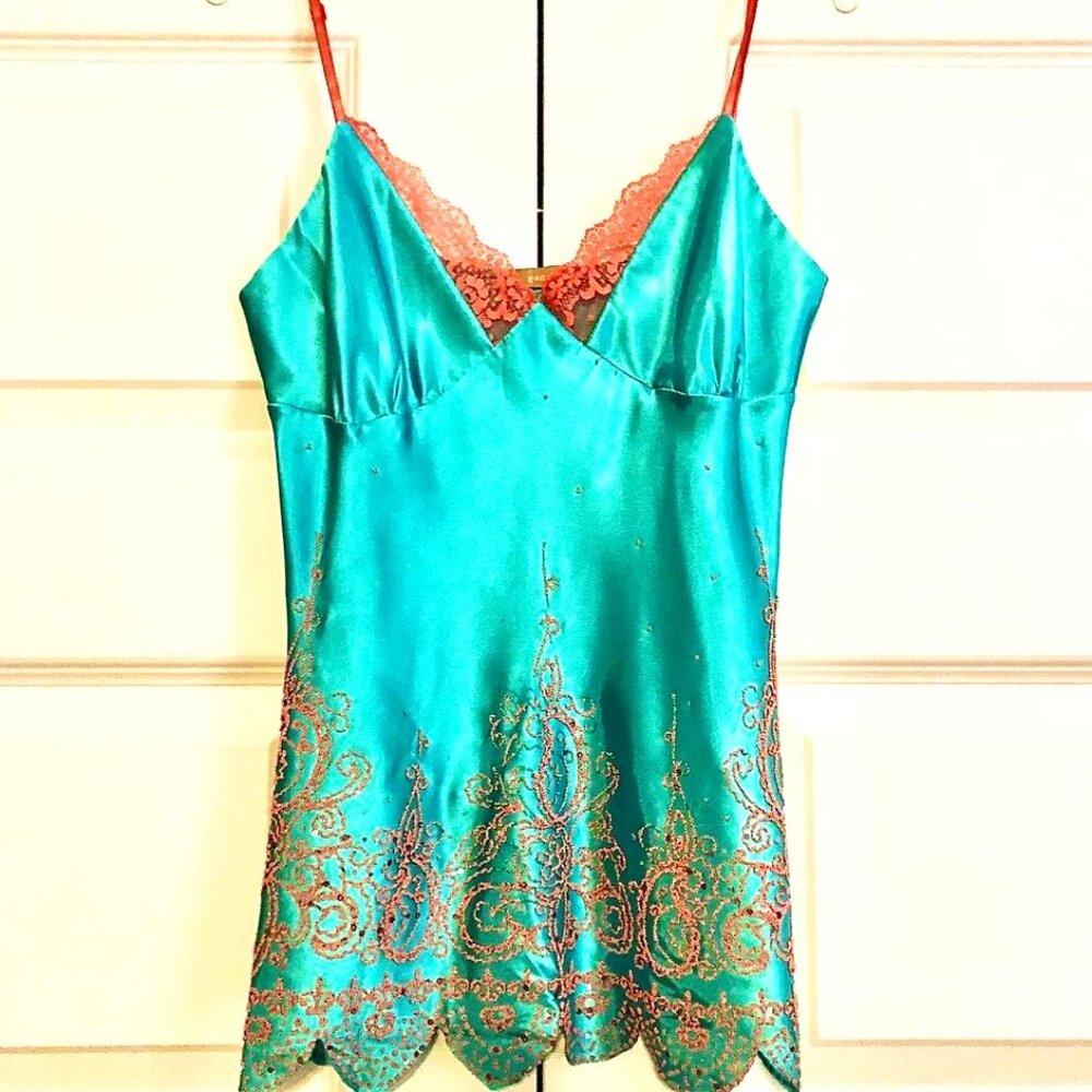 New Vintage GADZOOKS Aqua Satin Camisole Embellished with Pink Beads Lace Trim M